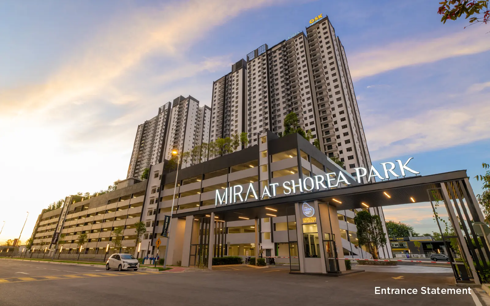 Mira at Shorea Park completed twin-tower facade at dusk, Puchong