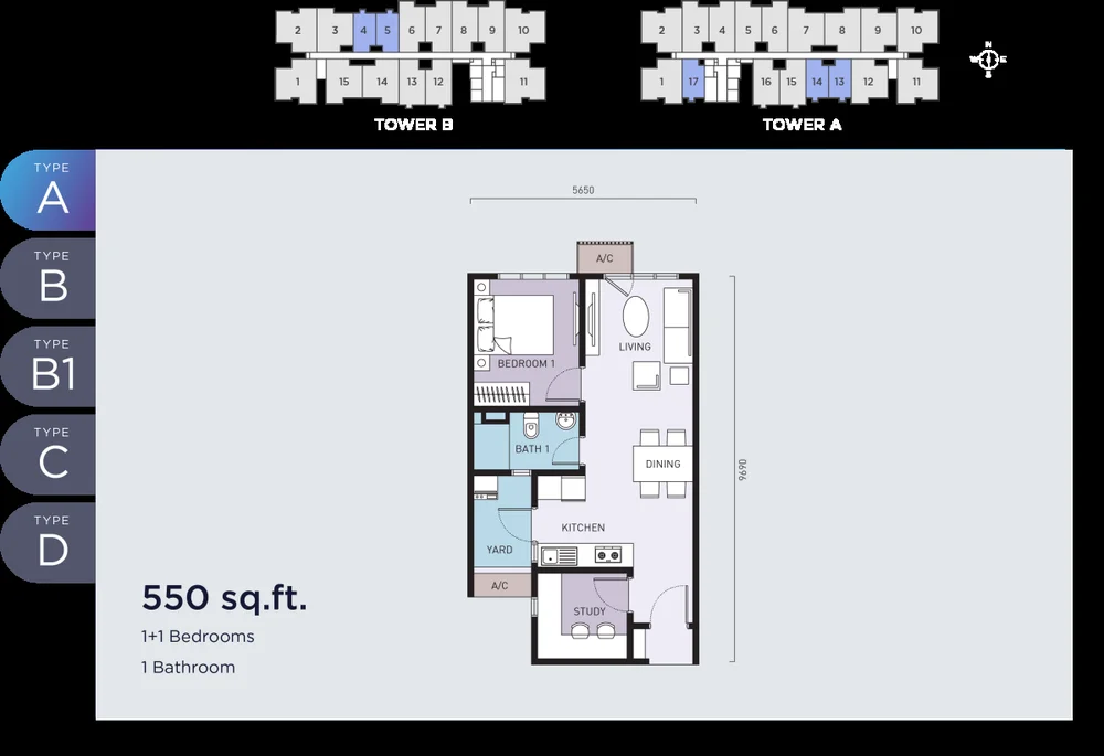 Type A floor plan, 550 sq ft, 1+1 bedroom, Mira at Shorea Park