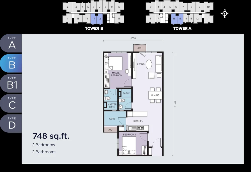 Type B floor plan, 748 sq ft, 2 bedroom, Mira at Shorea Park