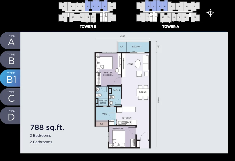 Type B1 floor plan, 788 sq ft, 2 bedroom, Mira at Shorea Park