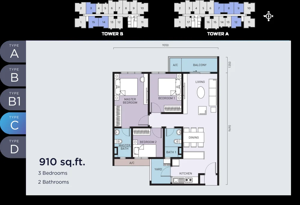 Type C floor plan, 910 sq ft, 3 bedroom, Mira at Shorea Park