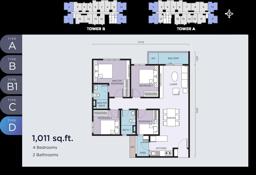 Type D floor plan, 1,011 sq ft, 4 bedroom, Mira at Shorea Park