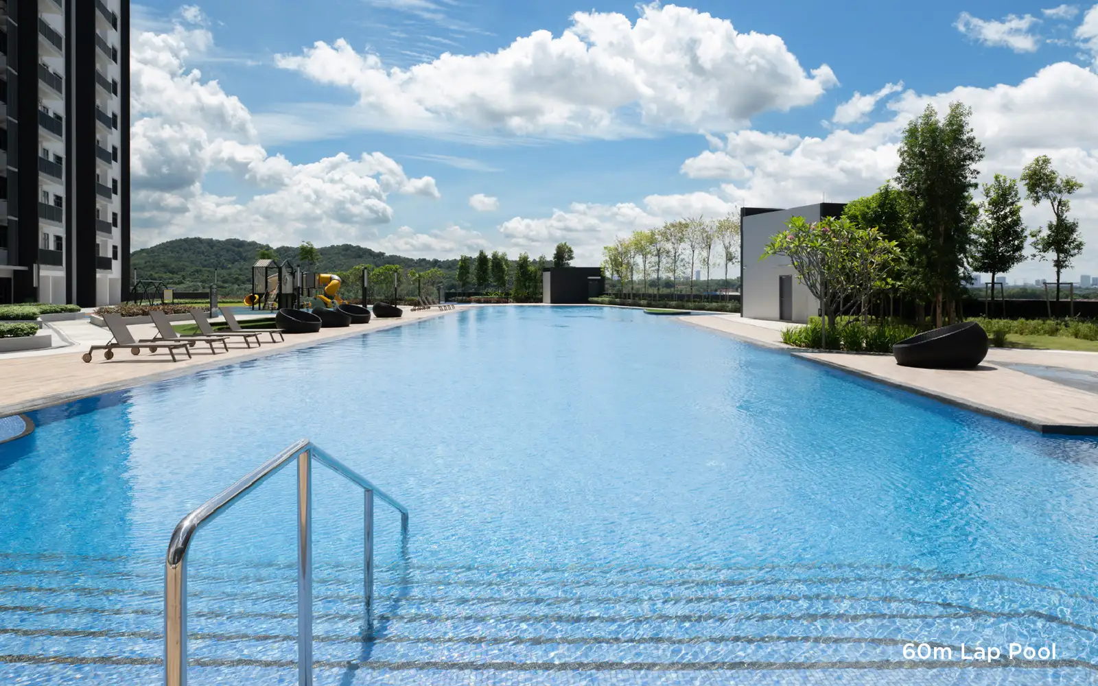 Photograph of the completed 60m lap pool at Mira at Shorea Park